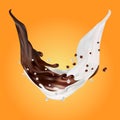 Milk and chocolate splashes vector isolated over orange background. pouring liquid or milkshake falling with drops and Royalty Free Stock Photo