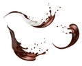 Milk and chocolate splashes vector isolated over white background. pouring liquid or milkshake falling with drops and Royalty Free Stock Photo