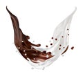 Milk and chocolate splashes vector isolated over white background. pouring liquid or milkshake falling with drops and Royalty Free Stock Photo