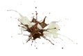 Milk and chocolate streams splashing against each other in white space Royalty Free Stock Photo