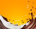 Milk and chocolate twisted, two sweet sauce twisted in the air in 3d illustration isolated on transparent background