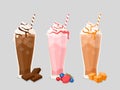 Milk cocktail flat vector illustrations set. Tasty drinks with whipped cream and ice cubes isolated pack on white. Sweet