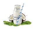 Milk of coconut and fresh coconuts isolated on white background Royalty Free Stock Photo