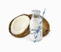 Milk of coconut and fresh coconuts isolated on white background. Royalty Free Stock Photo