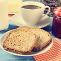 Milk, coffee, toasts and jam, cross-processed Royalty Free Stock Photo