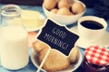 Milk, coffee and toasts and the text good morning Royalty Free Stock Photo
