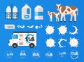 Milk concept. Set of milk bottles, splashes, logos. Natural dairy products