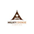 Milk and cookie, milky cookies camping club logo icon symbol vector with dark brown chocolate tent illustration