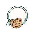 Milk with cookie on white background. Breakfast sweet and nutritious meal. Cute cartoon style cozy image