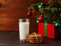 Milk, cookies and gifts under the Christmas tree. The concept of the arrival of Santa Claus