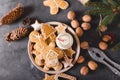 Milk and cookies. Gingerbread cookies on a gray background. Christmas cookies.