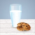 Milk and cookies illustration, chocolate chip