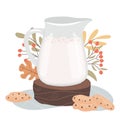 Milk and cookies. Jug of milk. Morning breakfast concept. Cozy autumn days