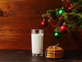 Milk and cookies for Santa Claus under the christmas tree. Concept, copy Space Royalty Free Stock Photo