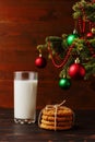 Milk and cookies for Santa Claus under the christmas tree. Concept, copy Space