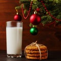 Milk and cookies for Santa Claus under the christmas tree. Concept, copy Space Royalty Free Stock Photo