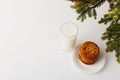 Milk and cookies for Santa Claus under the christmas tree. Concept, copy Space Royalty Free Stock Photo