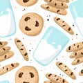 Milk and cookies seamless pattern. Glass and american oatmeal cookies with chocolate. Food and drink for Santa Claus, doodle