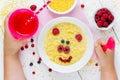Healthy breakfast for kids - sweet corn porridge with berry in s