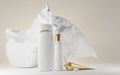 Milk cosmetics luxury series with cloth on light background mock up banner. Skin care product, white bottle shampoo