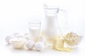 Milk, cottage cheese, sour cream, cheese, butter, eggs, still life from fresh dairy products. The usefulness of milk, dairy produc Royalty Free Stock Photo