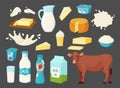 Milk and cow. Food products and farm animal. Sour cream. Butter or cheese. Curd bowl. Yogurt bottle. Fermented dairy