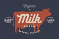 Milk, cow. Logo with cow silhouette, text Milk, Dairy farm Royalty Free Stock Photo