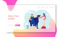 Milk and Dairy Agriculture Products Website Landing Page. Milkmaid and Farmer Stand near Cow with Bottle and Bucket Royalty Free Stock Photo