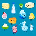 Milk and dairy product cartoon character set of milky cream cheese food vector illustration. Royalty Free Stock Photo