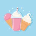 milk dairy product cartoon icons set, milkshake ice cream and cone Royalty Free Stock Photo