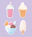 milk dairy product cartoon icons set milkshake ice cream in stick scoops and cone Royalty Free Stock Photo