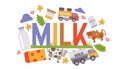 Milk and dairy production processing vector illustration. Milk delivery truck, cow, milky containers and bottle, cheese