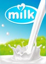 Milk design with pouring splash of milk and green grass