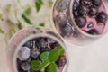 Milk dessert with blueberry jam and fresh berries