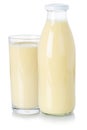 Milk drink milkshake shake in a bottle and glass isolated on white Royalty Free Stock Photo