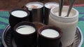 Milk drinks in traditional clay pots. Lassi in rural india. Royalty Free Stock Photo