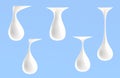 Milk drop, falling white drip of water or cream 3d render icons set. Liquid cosmetic droplet of coconut oil, shampoo or