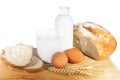 Milk, eggs, bread and wheat corn