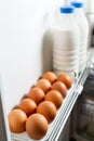 Milk and eggs in the door fridge. Organic Chicken Eggs Keep Fresh In The Fridge. Brown eggs in the tray. Organic Chicken Eggs Keep