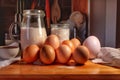 Milk and eggs on a wooden table in the kitchen at home Royalty Free Stock Photo