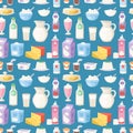 Milk everyday products food and milky dairy drinks vector seamless pattern background