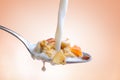 Milk falling on a spoon full of cereal on fruits and nuts Royalty Free Stock Photo