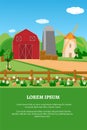 Vector illustration of countryside villages hacienda. Banner design Agricultural farm on the background of the landscape.