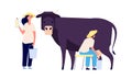 Milk farm characters. Flat cow, woman with bottle. Fresh organic products, raw for market. Isolated agricultural people Royalty Free Stock Photo