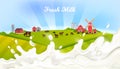 Milk farm landscape with cows, livestock, windmill, green fields, barn, splash. Royalty Free Stock Photo