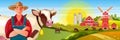 Milk farm vector background with cows, male farmer, green fields, sun, mill, barn. Royalty Free Stock Photo