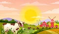 Milk farm vector landscape with bull, green fields, cows, big rising sun, grass, mill. Royalty Free Stock Photo