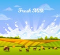 Milk farm vector landscape with livestock, cows, calf, milk splash, barn, mill, rising sun.