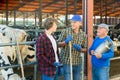 Milk farm workers talking in cowhouse Royalty Free Stock Photo