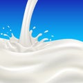 Milk flow and splash on blue background